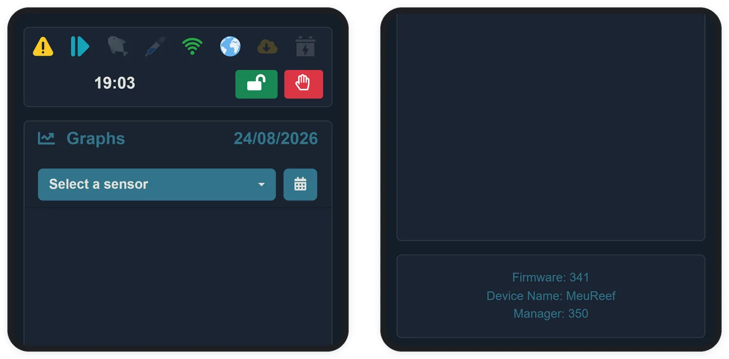 The Graphs screen: select up to three sensors and browse the dates.