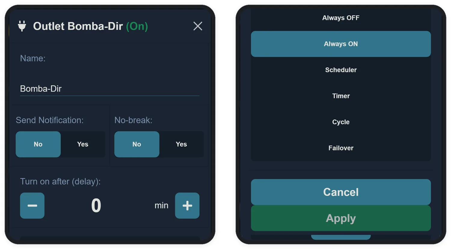 The outlet settings: name, notification, no-break, delay and operating mode.