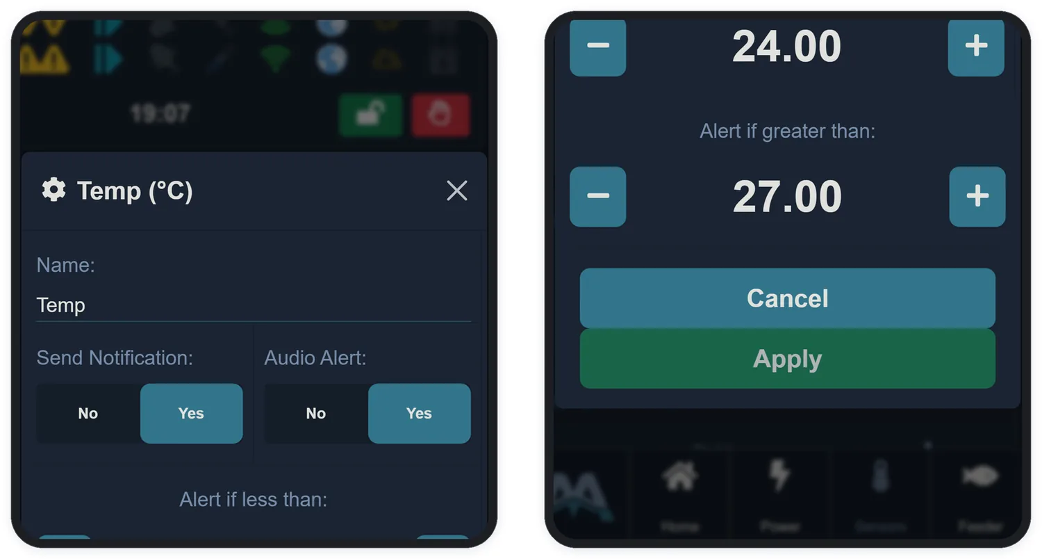 The sensor configuration: name, notification, audio alert and limits.