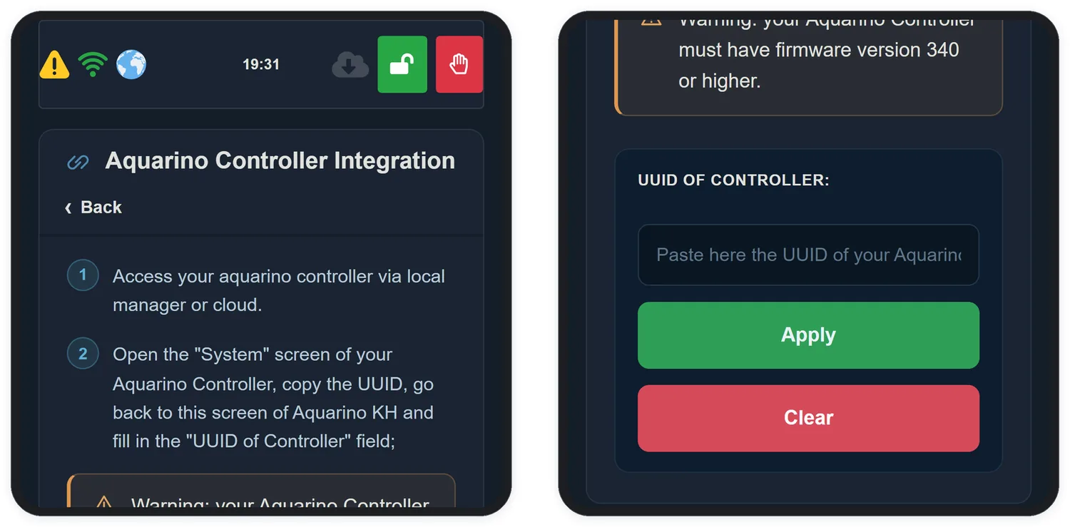 The integration screen only asks for your Aquarino Controller's UUID.
