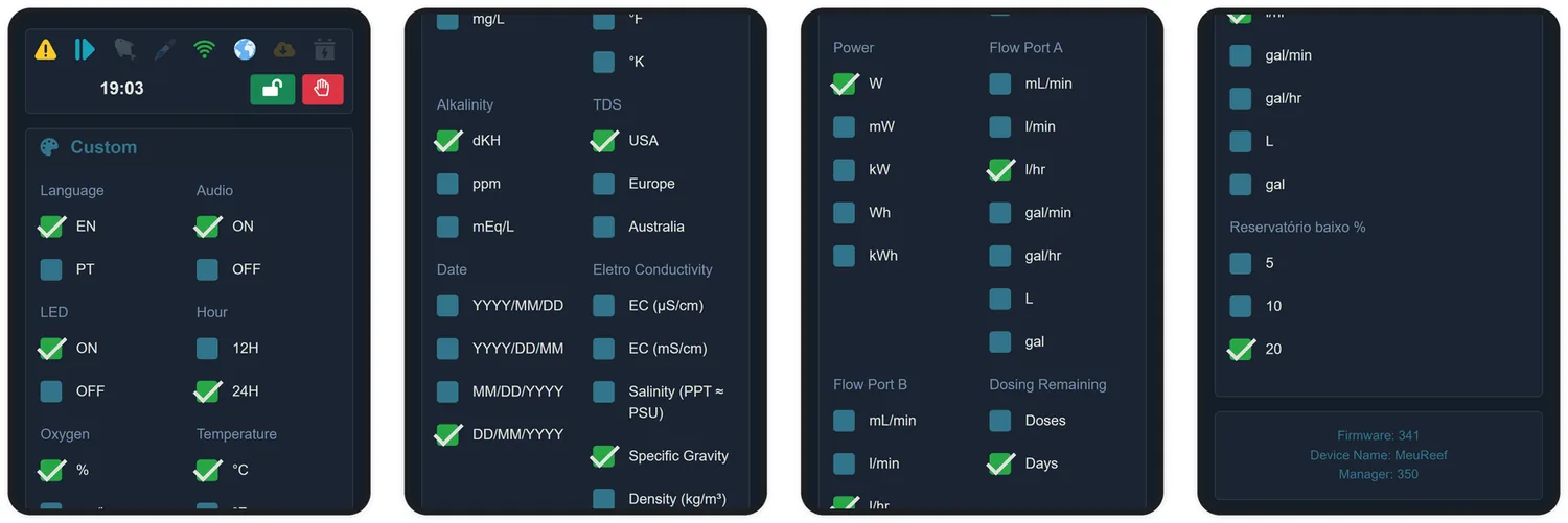 La pantalla Custom.: unidades, formatos, idioma y límites de aviso.