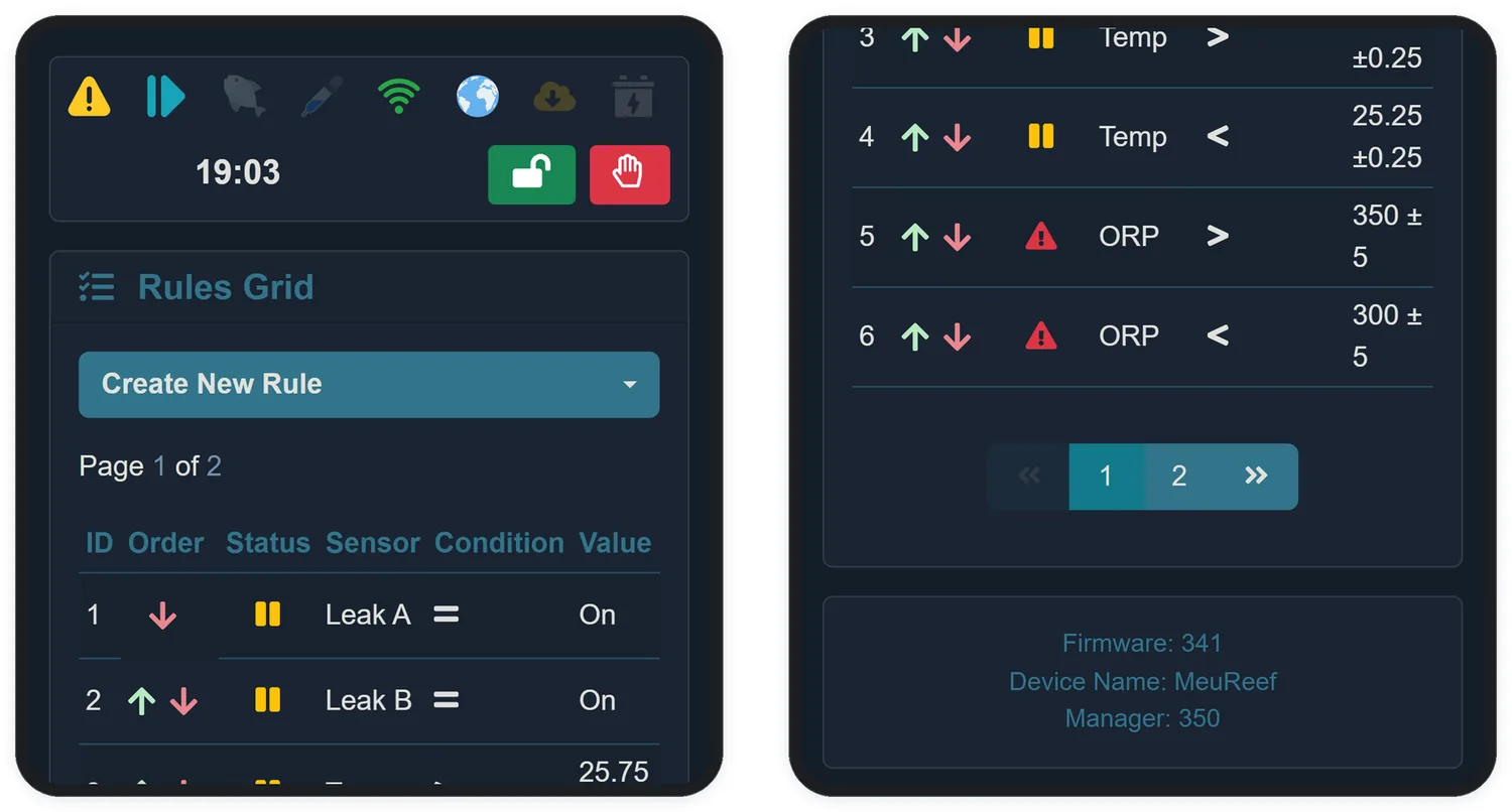 La pantalla Rules: estado, sensor, condición y el interruptor de activación de cada regla.
