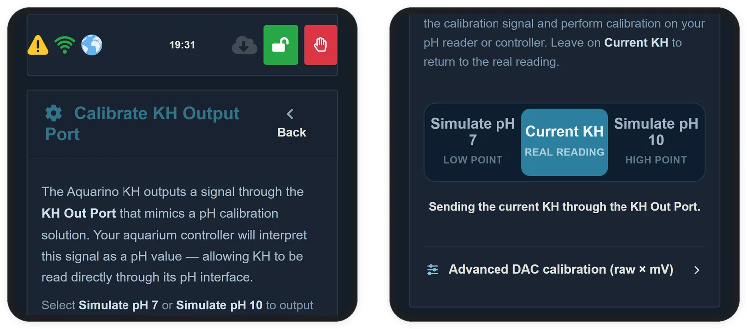 La pantalla Calibrate KH Output Port, con los puntos de simulación.