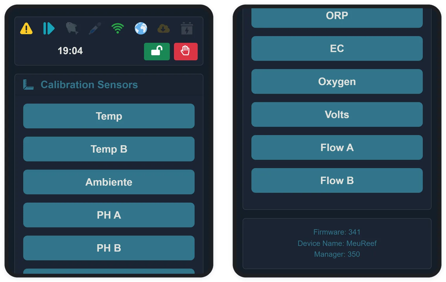 Il centro di calibrazione: un pulsante per ogni sensore rilevato.