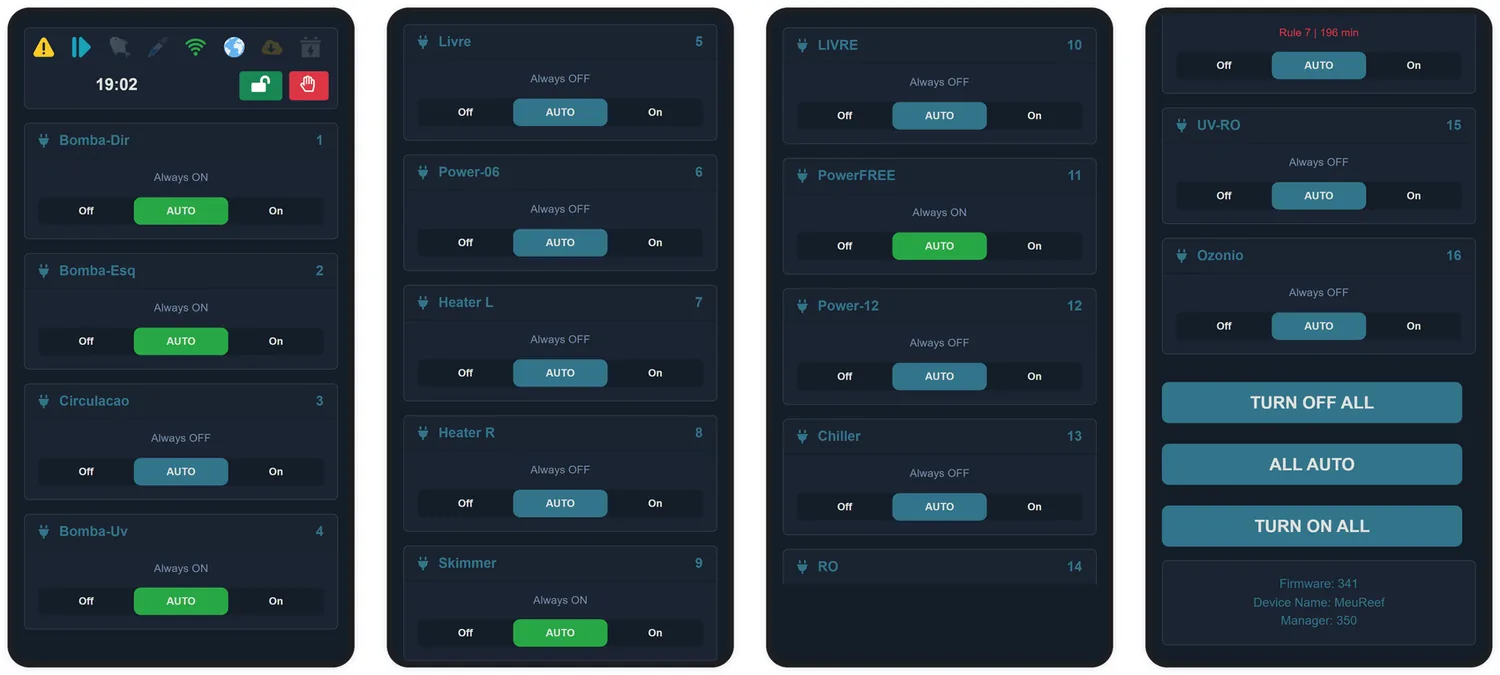 La schermata Power: ogni scheda mostra nome, modalità attuale e l'interruttore Off / AUTO / On.