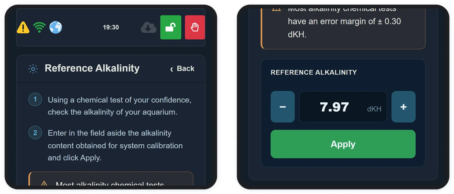 La schermata Reference Alkalinity, dove inserisci il valore del tuo test chimico.