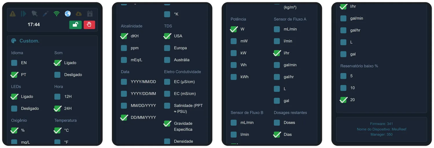 A tela Custom.: unidades, formatos, idioma e limites de aviso.