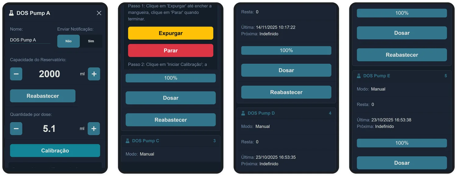 O painel de calibração da dosadora, dentro da tela de configuração.