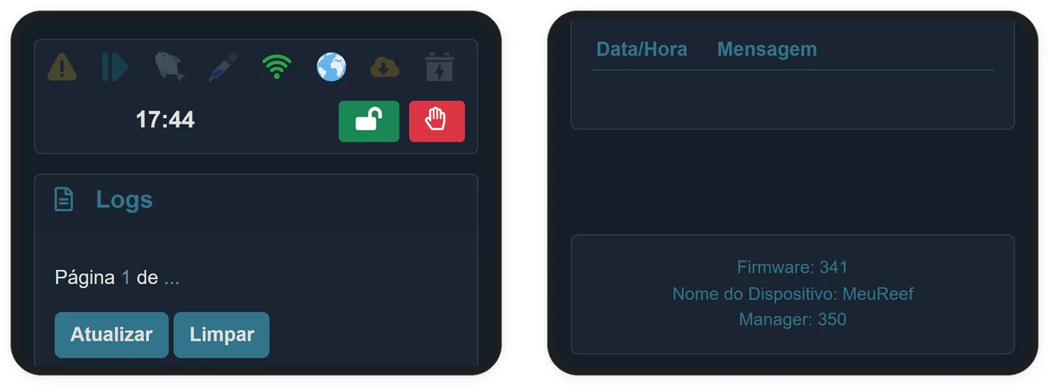 A tela Logs: data, hora e o motivo de cada ação.