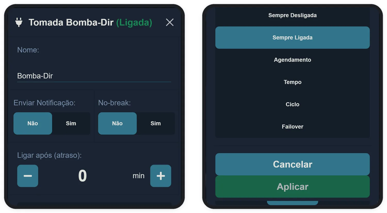 A configuração da tomada: nome, notificação, no-break, atraso e modo de operação.