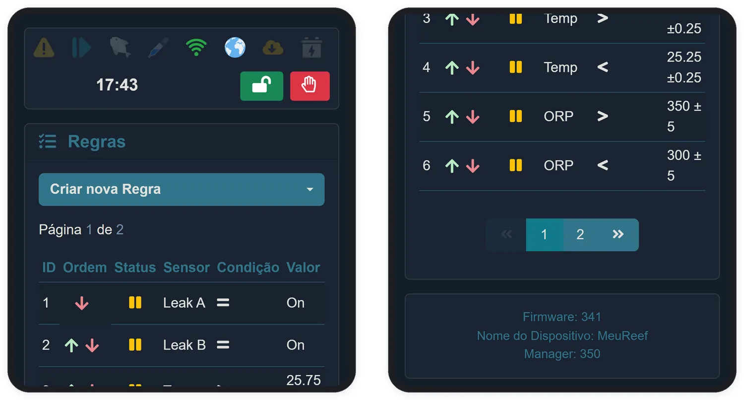 A tela Regras: status, sensor, condição e a chave de ativação de cada regra.