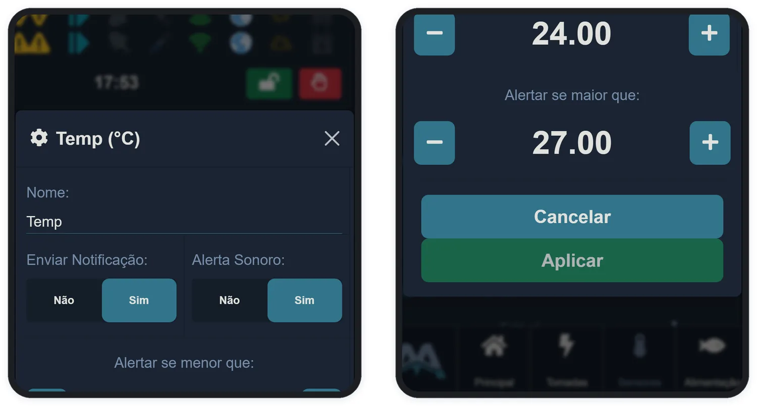 A configuração do sensor: nome, notificação, alerta sonoro e limites.