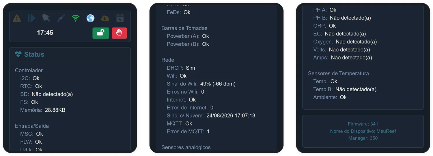 O Status do Sistema: saúde interna, entradas e saídas, rede e sensores.