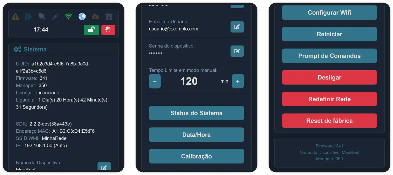 A tela Sistema: identificação, versões, rede e ações. Os identificadores desta imagem foram substituídos por valores de exemplo.