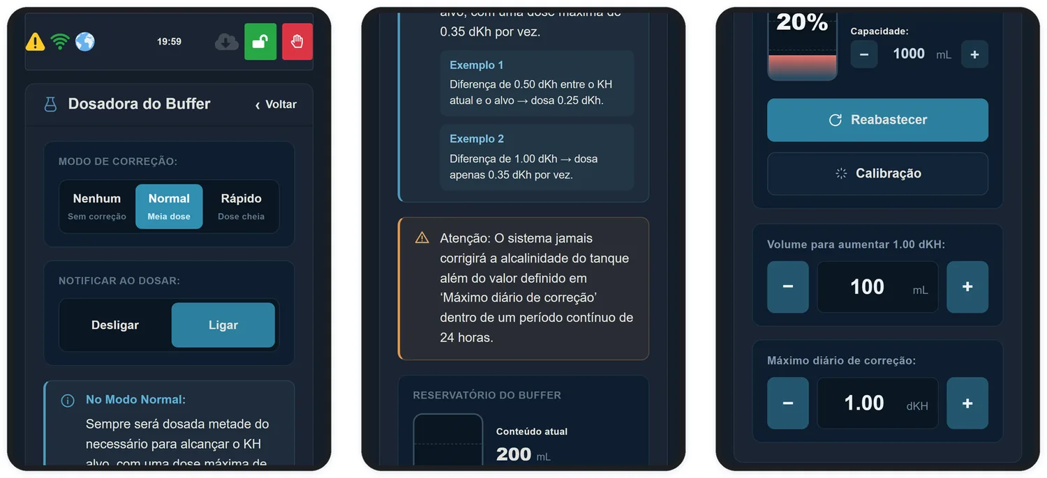A tela Dosadora do Buffer: modo, reservatório, calibração e limites.