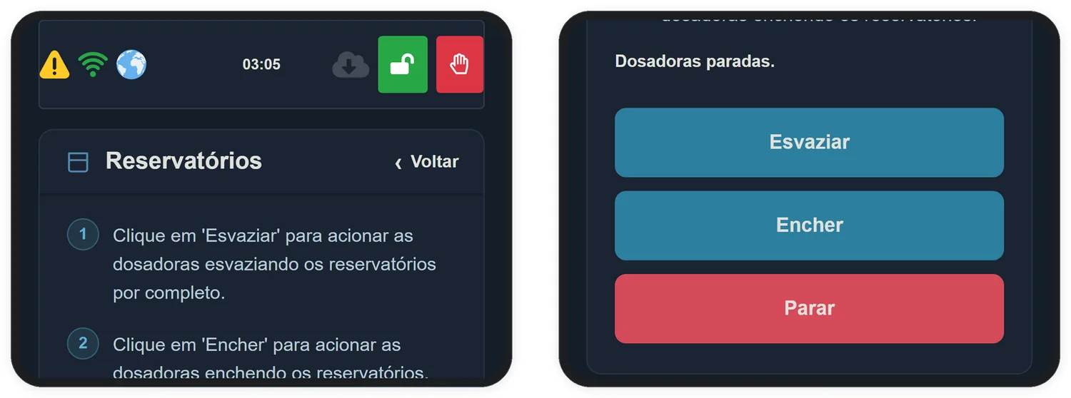 A tela Reservatórios: Esvaziar, Encher e Parar.
