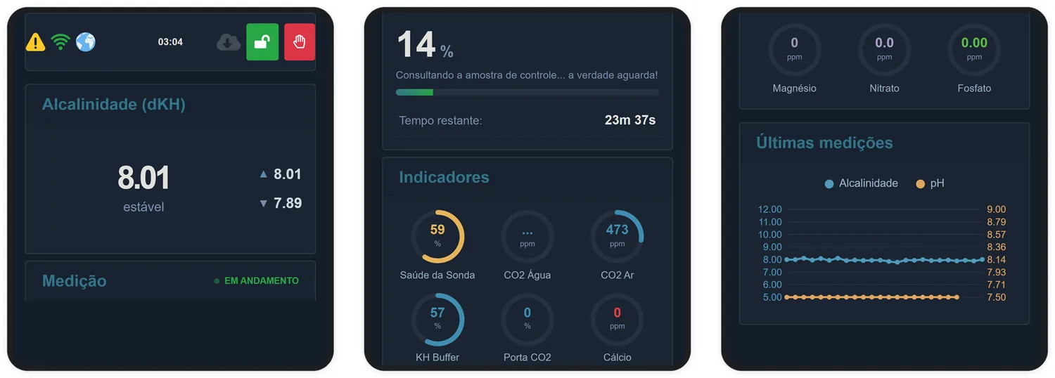 A tela Principal reúne alcalinidade, medição em andamento, indicadores e histórico recente.