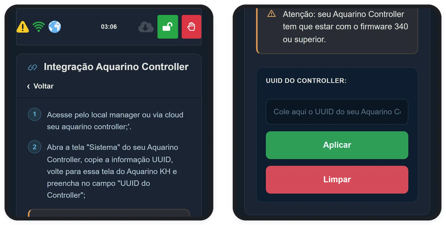 A tela de integração pede apenas o UUID do seu Aquarino Controller.