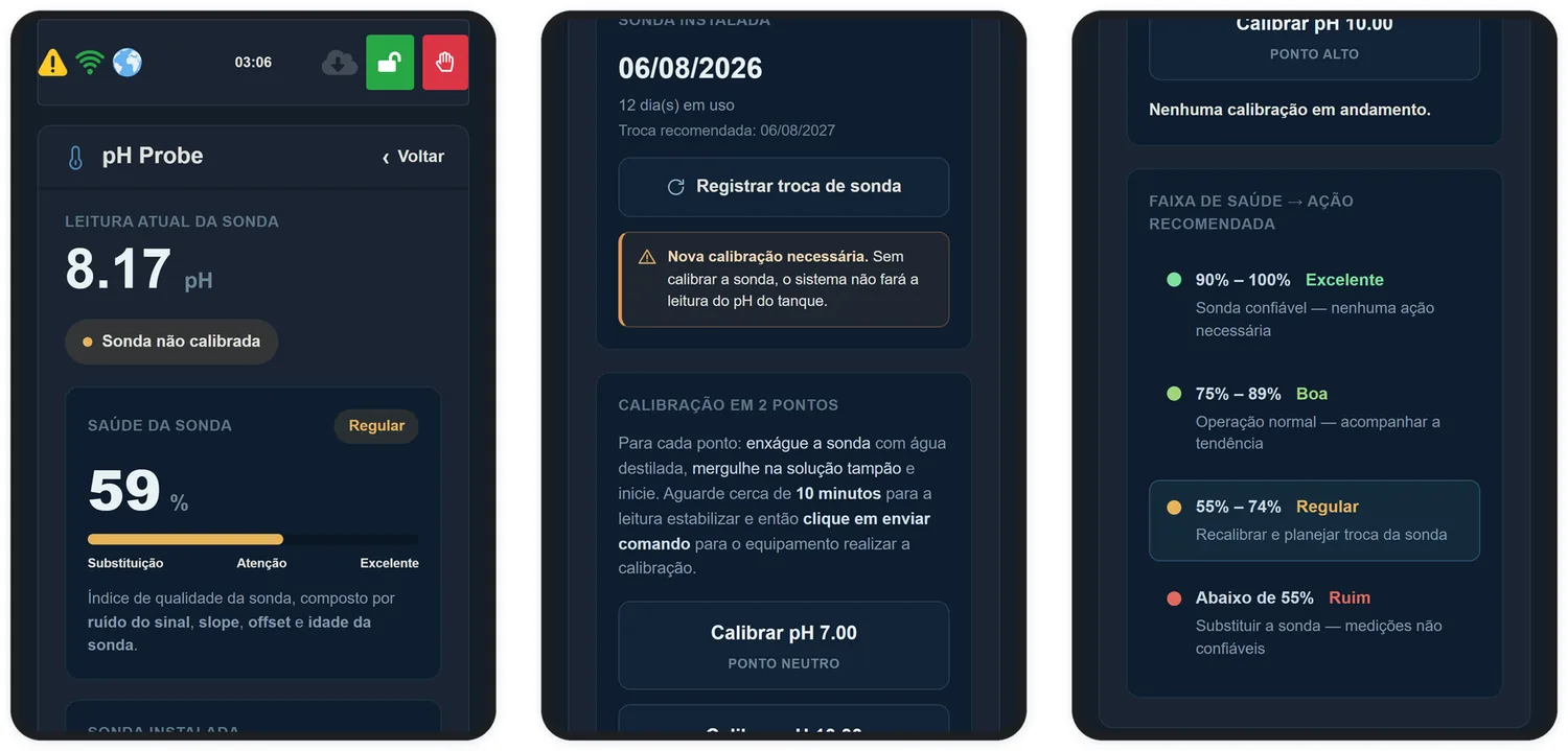 A tela pH Probe reúne leitura, saúde, idade e calibração da sonda.