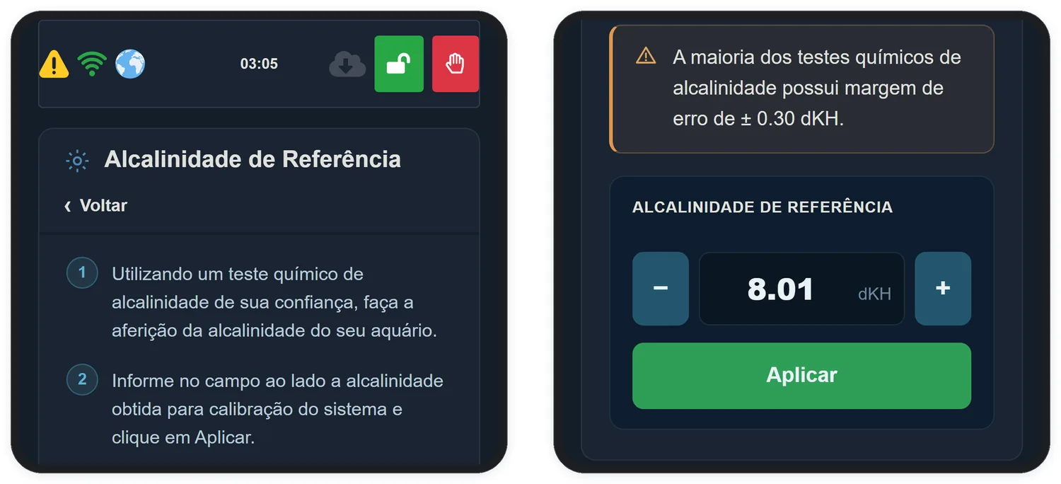 A tela Alcalinidade de Referência, onde você informa o valor do seu teste químico.