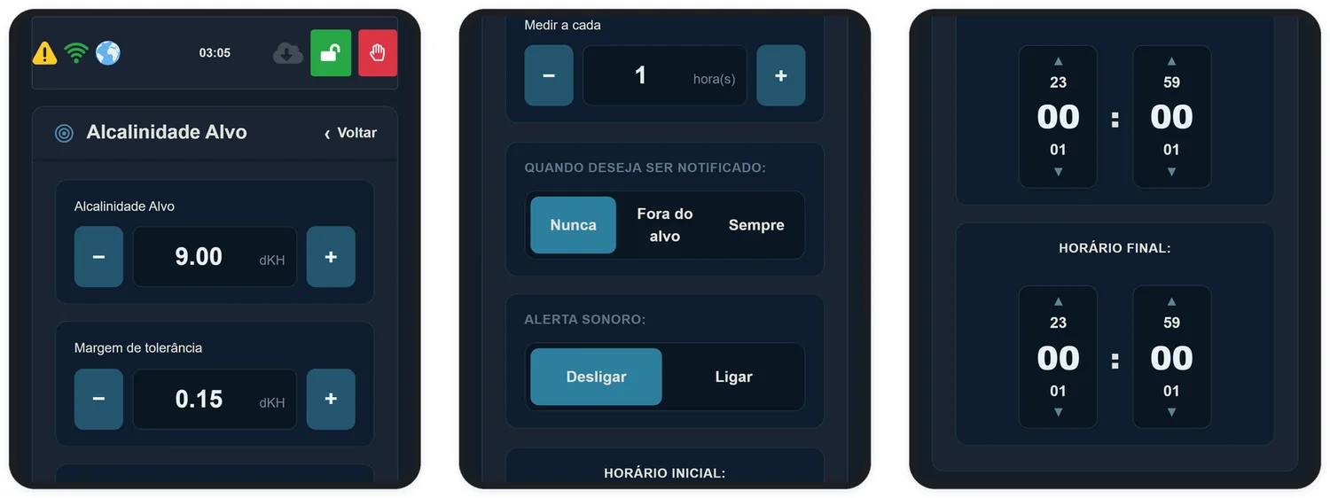 A tela Alcalinidade Alvo concentra alvo, margem, frequência, notificação e janela de horário.